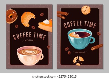 Coffee time posters. Coffee types flyers collection. Cappuccino, Americano. A hot drink. Vector template for banners, promotions, flyers.