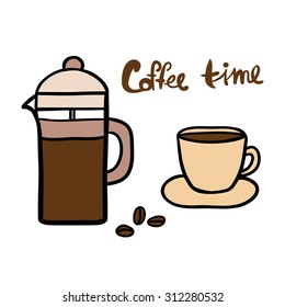 Coffee time. Coffee pot, coffee cup and coffee beans.