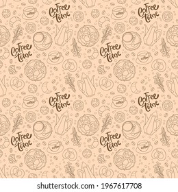 Coffee time. Coffee pot and coffee cup. Flowers. Baking: croissant, bun, cookies. Lettering. Seamless vector pattern (background). Cartoon food print.