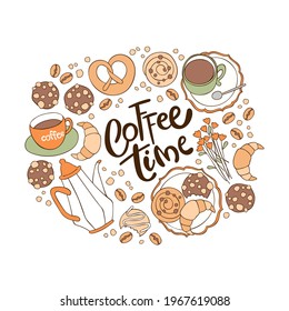 Coffee time. Coffee pot and coffee cup. Flowers. Baking: croissant, bun, cookies. Lettering poster. Isolated vector object on white background. Cartoon food print.