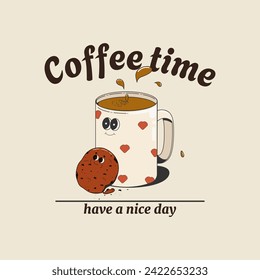 Coffee time. Print with a cup of coffee and cookies. Vector illustration in cartoon retro style of the 60s-70s