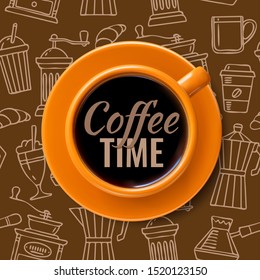 Coffee time. Realistic cup with coffee on a background of coffee theme symbols. Vector illustration