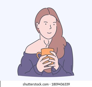 Coffee time, relaxation, cozy concept. Young woman or girl enjoys  having coffee in the morning. Hand drawn style vector design illustrations.
