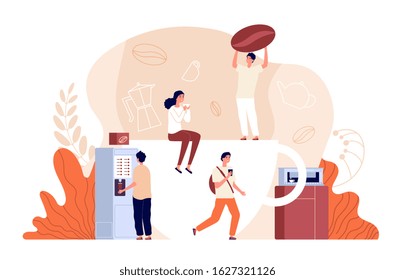 Coffee time. Relaxing, office break. People drinking hot beverages. Friends spend time together, barista and beans vector illustration