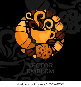 Coffee time. Restaurant menu emblem. Vector round design element.