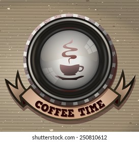Coffee Time Retro Card with a Round Emblem and Banner, Vector Illustration. 