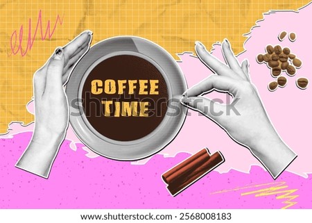 Coffee time in retro collage style. Hand with halftone effect holds a porcelain cup of coffee against an abstract paper background with various scribbles, wrinkles and grain.