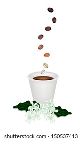 Coffee Time, The Roasted Coffee Bean Falling Down to A Cup of Take Away Coffee with Coffee Flower  