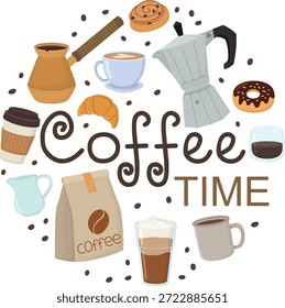Coffee time round design for banner or card. Set of colorful baristas elements
