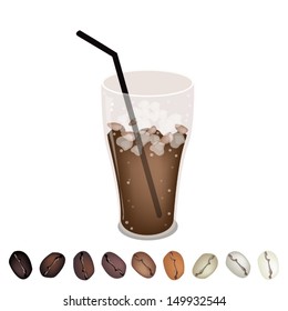 Coffee Time, A Row of Various Colors Roasted Coffee Beans Laying Under A Glass of Iced Coffee  