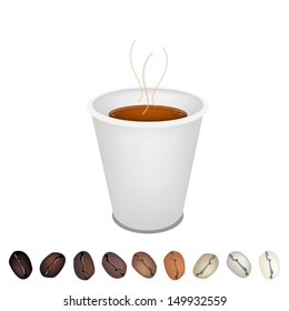 Coffee Time, A Row of Various Roasted Coffee Beans Laying Under Takeaway Coffee in Disposable Cup Served as A Beverage Without Cream or Milk 