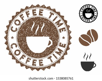 Coffee Time rubber round stamp. Vector stamp in chocolate color with coffee cup elements. Flat icons and unclean texture are used for Coffee Time rubber imprints.