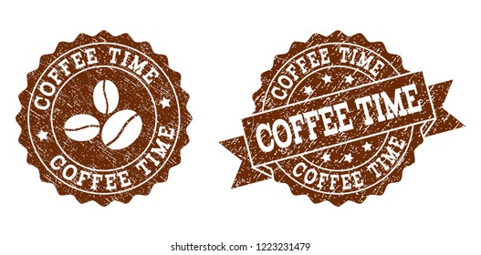 Coffee Time rubber stamps. Vector seals in chocolate color with round, ribbon, rosette, coffee bean elements. Grainy design and dust texture are used for Coffee Time rubber imprints.