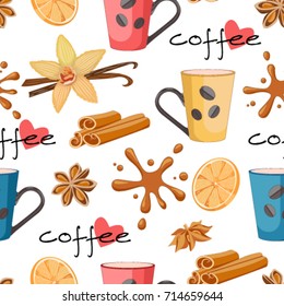 Coffee time seamless pattern. The pattern of coffee. Breakfast vector. Cup of coffee, menu design