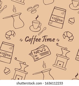 Coffee time seamless pattern, contours in shades of coffee. Printing on textiles and paper, scrapbooking