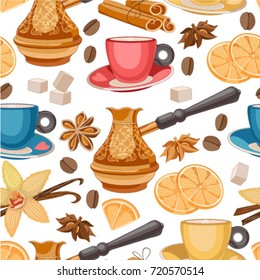 Coffee time seamless pattern. Cup of coffee wallpaper. Menu design