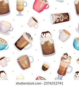 Coffee Time Seamless Pattern Design with Aromatic Drink in Cup and Glass Vector Template