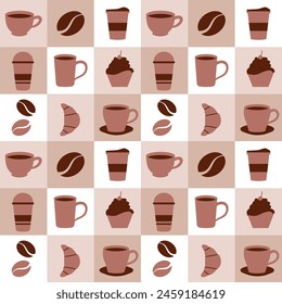 Coffee Time Seamless Pattern Design With Cacao Beans, Grains and Jug in Cartoon Flat Illustration