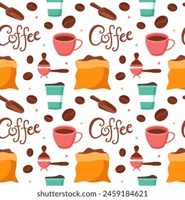 Coffee Time Seamless Pattern Design With Cacao Beans, Grains and Jug in Cartoon Flat Illustration