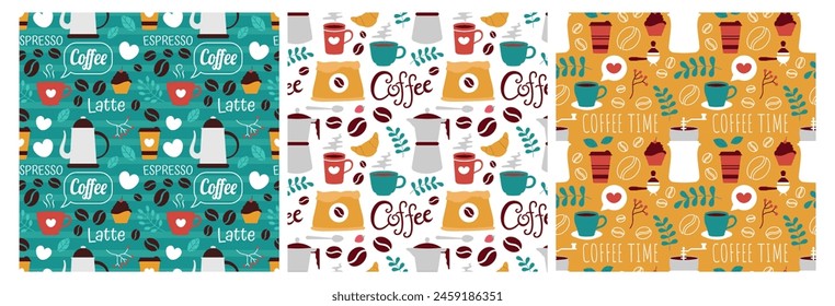 Coffee Time Seamless Pattern Design With Cacao Beans, Grains and Jug in Cartoon Flat Illustration