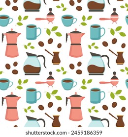 Coffee Time Seamless Pattern Design With Cacao Beans, Grains and Jug in Cartoon Flat Illustration