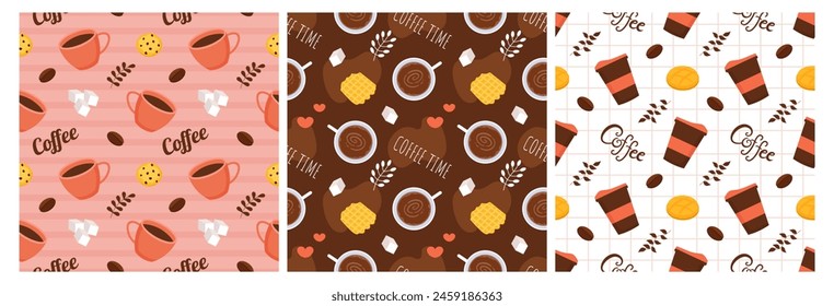 Coffee Time Seamless Pattern Design With Cacao Beans, Grains and Jug in Cartoon Flat Illustration