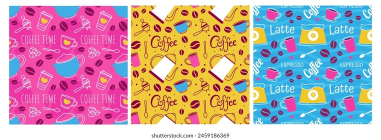 Coffee Time Seamless Pattern Design With Cacao Beans, Grains and Jug in Cartoon Flat Illustration
