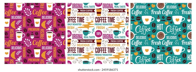 Coffee Time Seamless Pattern Design With Cacao Beans, Grains and Jug in Cartoon Flat Illustration