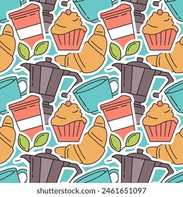 Coffee Time Seamless Pattern Design With Cacao Beans, Grains and Jug in Cartoon Flat Illustration