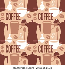 Coffee Time Seamless Pattern Design With Cacao Beans, Grains and Jug in Cartoon Flat Illustration