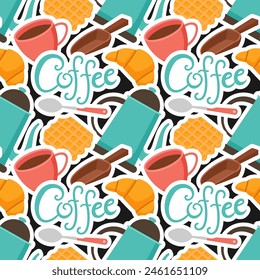 Coffee Time Seamless Pattern Design With Cacao Beans, Grains and Jug in Cartoon Flat Illustration