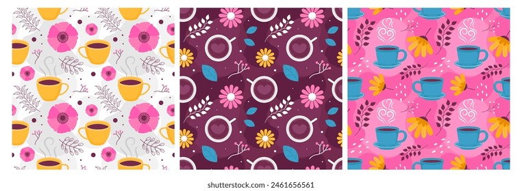 Coffee Time Seamless Pattern Design With Cacao Beans, Grains and Jug in Cartoon Flat Illustration