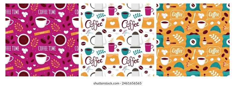 Coffee Time Seamless Pattern Design With Cacao Beans, Grains and Jug in Cartoon Flat Illustration