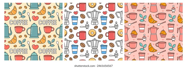 Coffee Time Seamless Pattern Design With Cacao Beans, Grains and Jug in Cartoon Flat Illustration