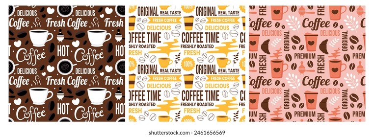 Coffee Time Seamless Pattern Design With Cacao Beans, Grains and Jug in Cartoon Flat Illustration