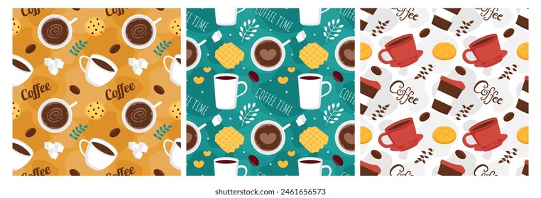 Coffee Time Seamless Pattern Design With Cacao Beans, Grains and Jug in Cartoon Flat Illustration