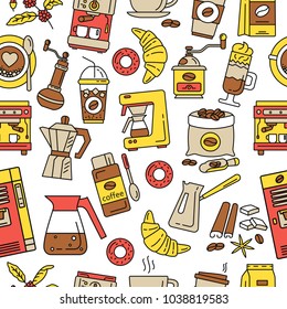 Coffee time seamless pattern. Flat line collection drink decorative icons. Modern icons for coffee shop and coffee house. Colorful template for for your design. Vector image.