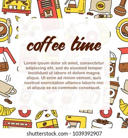 Coffee time seamless pattern. Flat line collection drink decorative icons behind the square shape. Modern icons for coffee shop and coffee house. Colorful template for your design. Vector image.