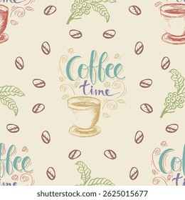 Coffee time. Seamless pattern with hand drawn coffee beans. Vector illustration