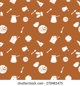 Coffee time, seamless pattern on a brown background. Vector