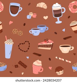 Coffee time seamless pattern vector. Cute background with doodle coffee and sweet food elements in simple hand drawn style. Different coffee drinks cappuccino, espresso, mocha. Cake, croissant, donut.