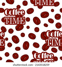 Coffee time seamless pattern vith raw coffee bean, vector isolated on white background illustration, flat cartoon wallpaper, simple fabric print template.