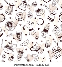 Coffee time seamless pattern with watercolor hearts on white background. Hand drawn illustration with coffee pots, cups and sweets.