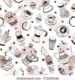 Coffee time seamless pattern with watercolor spots on white background. Hand drawn illustration with coffee pots, cups and sweets.