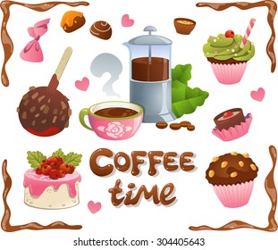 Coffee Time set. Cakes and coffee, isolated on white background.