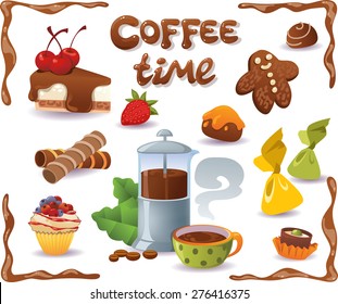 Coffee Time set. Cakes and other sweet food, isolated on white background.