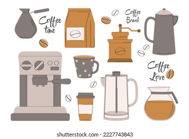 Coffee time set. Collection of graphic elements for website. Mug and teapot, utensils for cafe or restaurant. Hot drinks, beverage. Cartoon flat vector illustrations isolated on white background