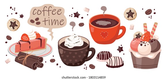 Coffee time set: Cup of coffee, cheesecake, strawberry, candy, cinnamon, ice cream balls, cookies, coffee beans. Vector illustrations on a white background isolated.
