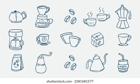 Coffee time, set of line doodle coffee utensils isolated on white background