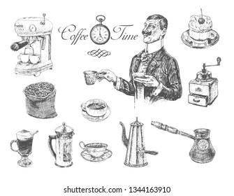 Coffee time set with coffee maker, grinder, coffee pot, French press, Cups, Bag With Beans,. Gentleman holding cup. Vintage engraving style. Victorian Era hand drawn vector illustration